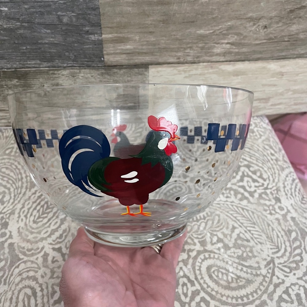 Clear Glass Serving‎ Bowl hand painted Rooster Farmhouse Decor Kitchen